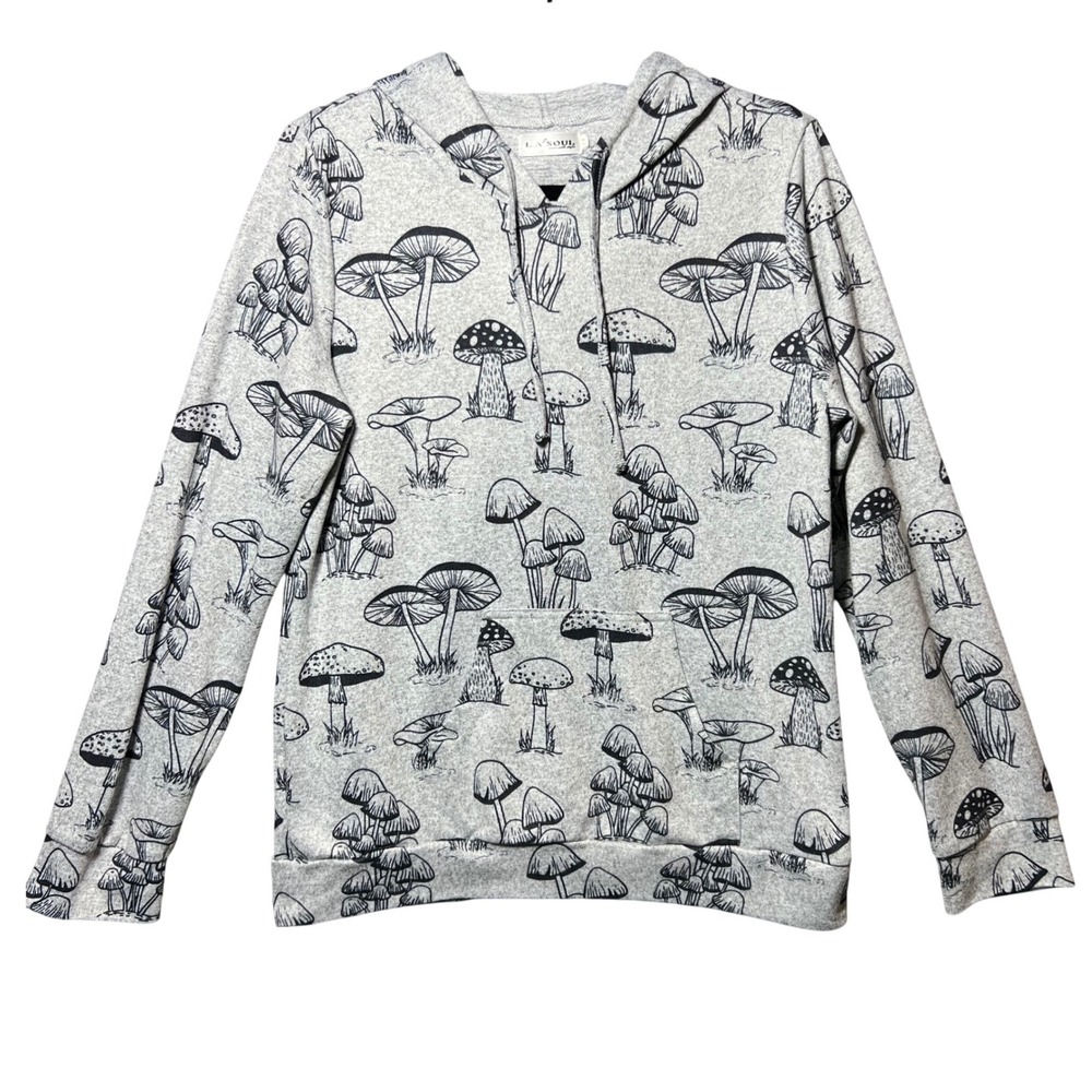 L.A. Soul Mushroom Print Hoodie Gray Black Boho Cottagecore Pullover Womens M